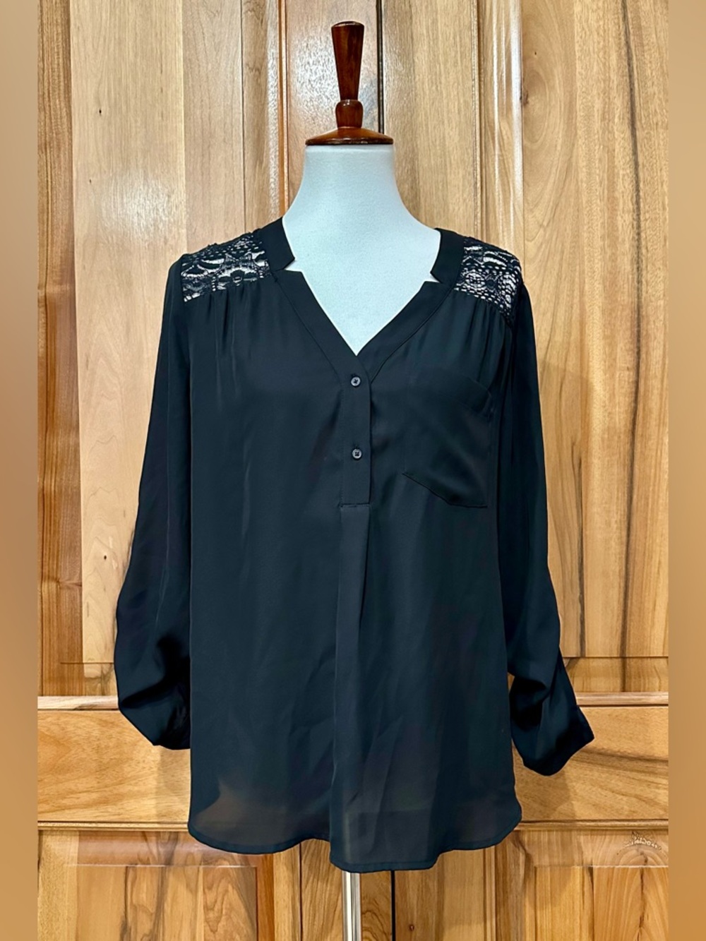 NWT Candie’s Black Lace/Semi-Sheer Half Placket Shirred Yoke Long-Sleeve Top, L